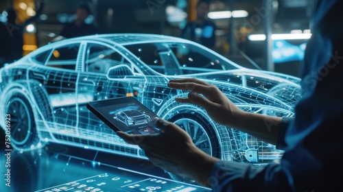 Car design engineers using holographic. Develop modern innovative high-tech cutting edge eco-friendly electric car with sustainable standard, automotive, automobile, transportation.