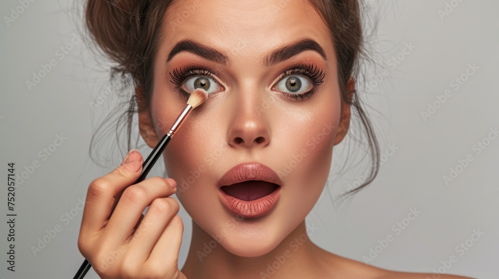Fototapeta premium Shiny ideal perfect lady silky eyelashes artist girlish feminine nude concept. Portrait of excited astonished lady using perfect brush for makeup, beauty, cosmetics, skincare