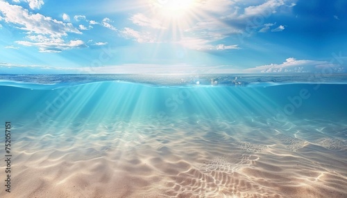 Seabed sand with blue tropical ocean above and sunny blue sky, empty underwater background with the sun shining brightly, creating ripples in the calm sea water © Ainur