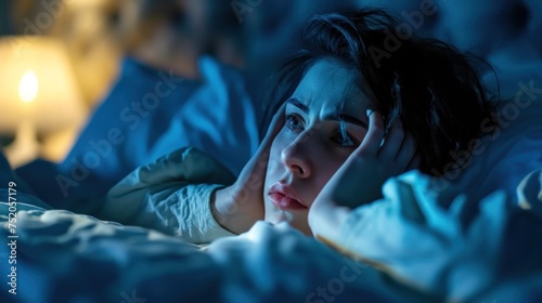 woman in bed late trying to sleep suffering insomnia, sleepless or scared in a nightmare, looking sad worried and stressed. Tired and headache or migraine waking up in the middle of the night.