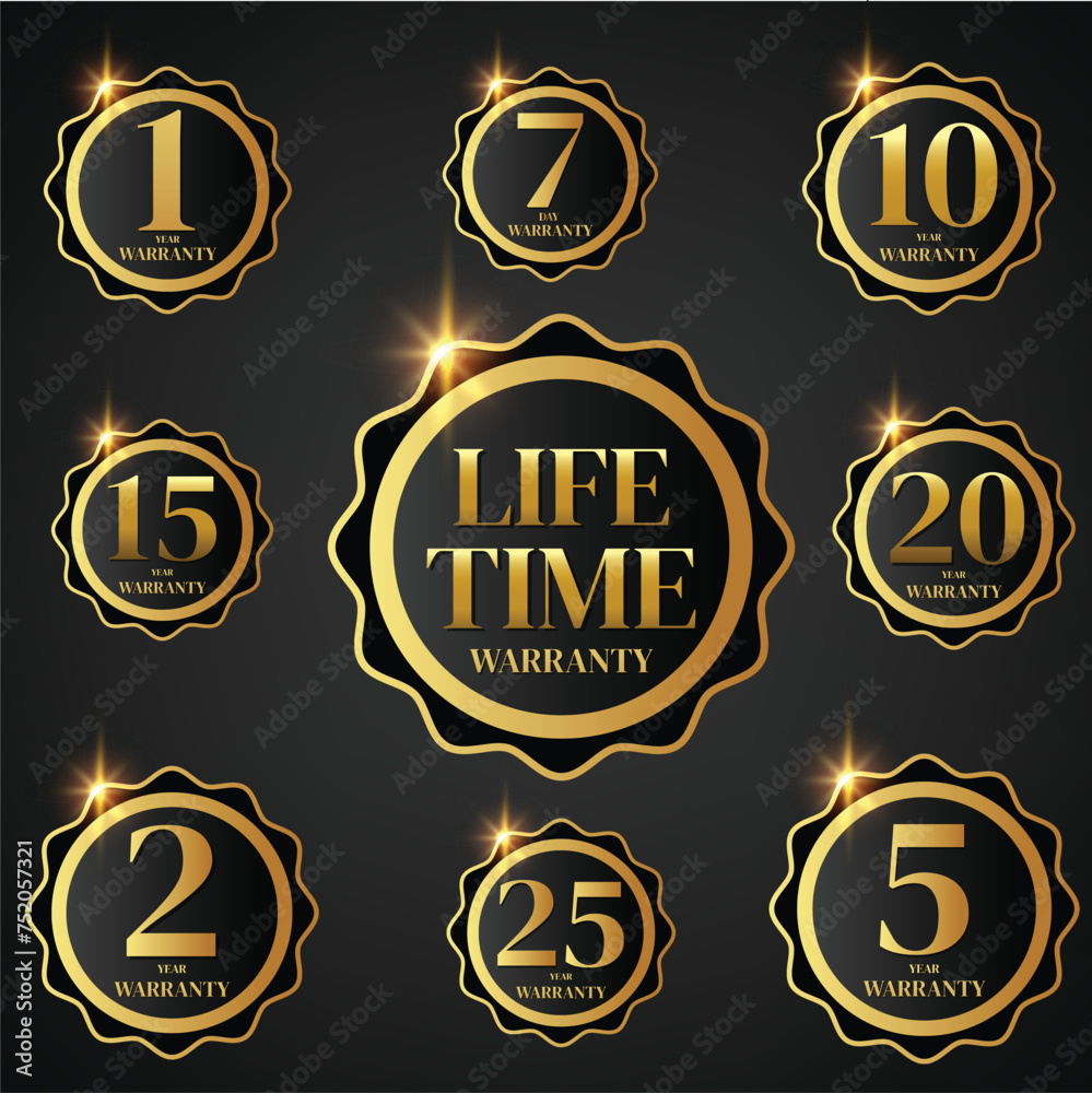 Naklejka premium set of golden warranty logo,Vector golden warranty number. 1, 2,7,, 5, 10, 15,,20 ,25,,life time,logo design. vector illustration