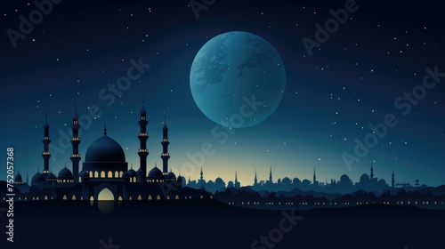 Mosque silhouette against a night sky with crescent moon.