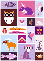 Papier peint photo Art abstrait Collage animaux oiseaux poissons graphique  ©  danjazzia