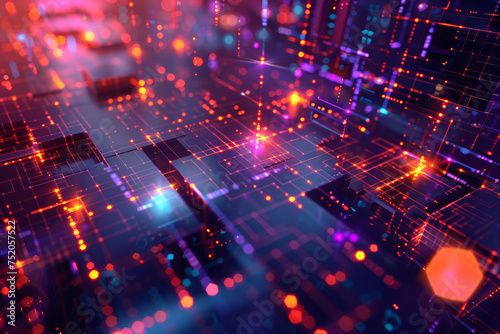 Design an abstract background representing the complexity of processor chips and blockchain technology, set in a futuristic tech environment with floating digital blocks and blockchain elements.