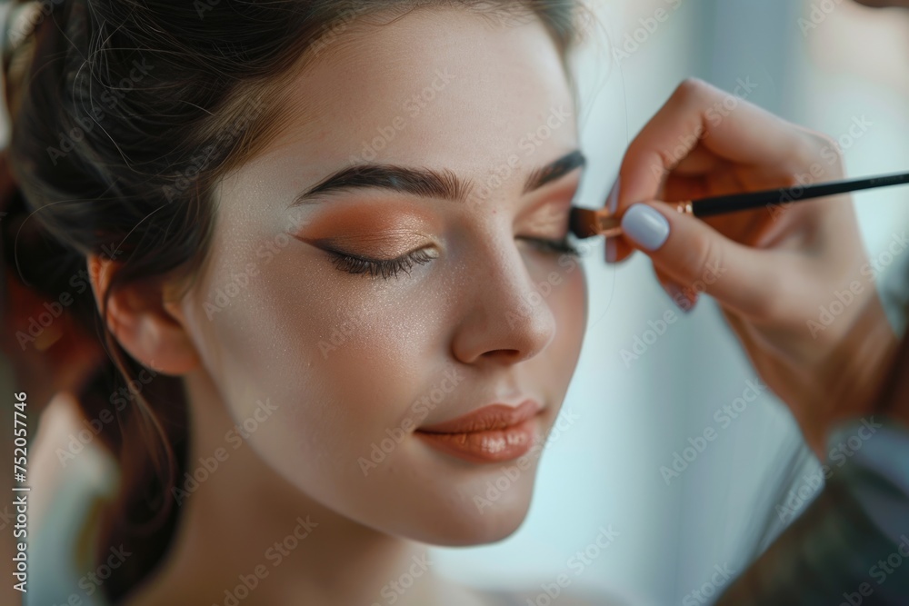 Professional makeup artist applying eyeshadow on a young woman.