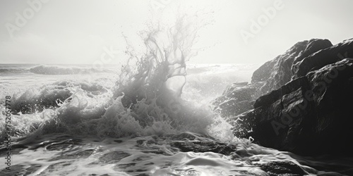 Powerful wave crashing on rocks, suitable for nature-themed designs