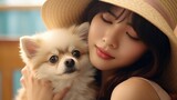 A woman in a hat holding a small dog. Perfect for pet lovers