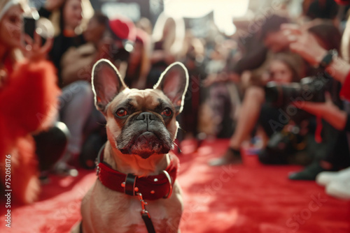Trendy Pet Influencer: a trendy pet influencer attending a red carpet event or posing for a photoshoot, surrounded by adoring fans and photographers. photo