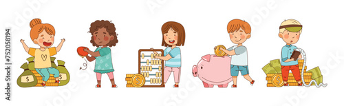 Financial Literacy with Little Children Dealing with Money Cash Vector Set