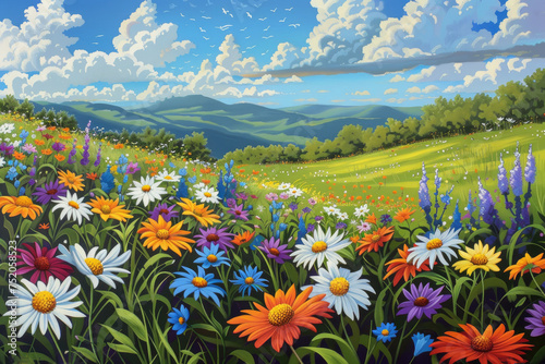 Vibrant Spring Meadow Filled with Colorful Flowers