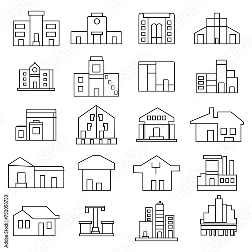 Buildings line icon set. Bank, school, courthouse, university, library. Architecture concept. Can be used for topics like office, city, real estate