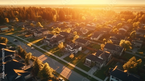 Aerial view of houses in a neighborhood at sunset. Perfect for real estate or urban development concepts photo