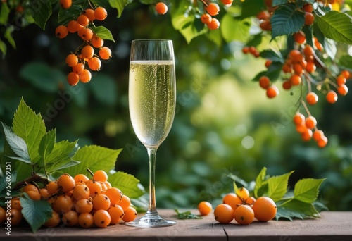 glass of sparkling wine standing tall among a lush garden of bright orange berries and green leaves, depicting a joyful harvest celebration. photo