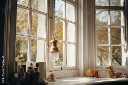 A simple and elegant window sill with a hanging light. Perfect for interior design projects