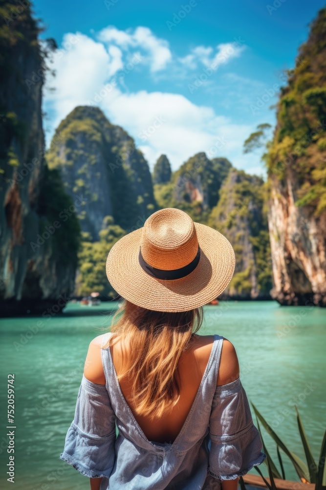 A woman in a hat looking out over a body of water. Ideal for travel and leisure concepts