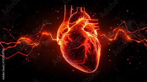 Abstract shape of human heart with digital red line of cardiac pulse. on a black background. 