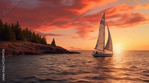 A sailboat floating in the ocean at sunset, perfect for travel and adventure themes