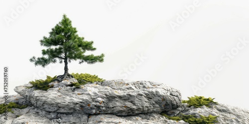 A pine bonsai tree landscape set against a stone backdrop, against a pure white background.
