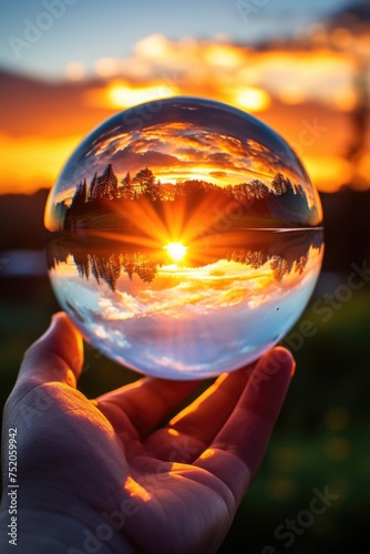 A person holding a crystal ball with a beautiful sunset in the background. Perfect for mystical and spiritual concepts