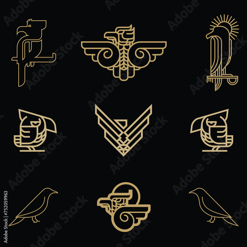 Premium, Modern, Playful, Masculine, Geometric, Line Art, Gold Colored Bird Totem Set Collection Elements Vector Illustration With Black Background