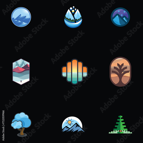 Premium, Modern, Playful, Fun, Geometric, Retro, Multi Colored Outdoor Adventure Badge Elements Vector Illustration Set Collection With Black Background