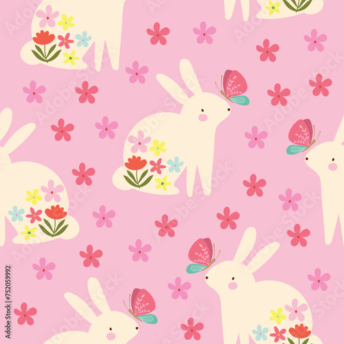 pink bunny with butterfly in garden hand drawn seamless pattern vector for decorate invitation greeting birthday party celebration wedding card poster banner textile wallpaper paper wrap background