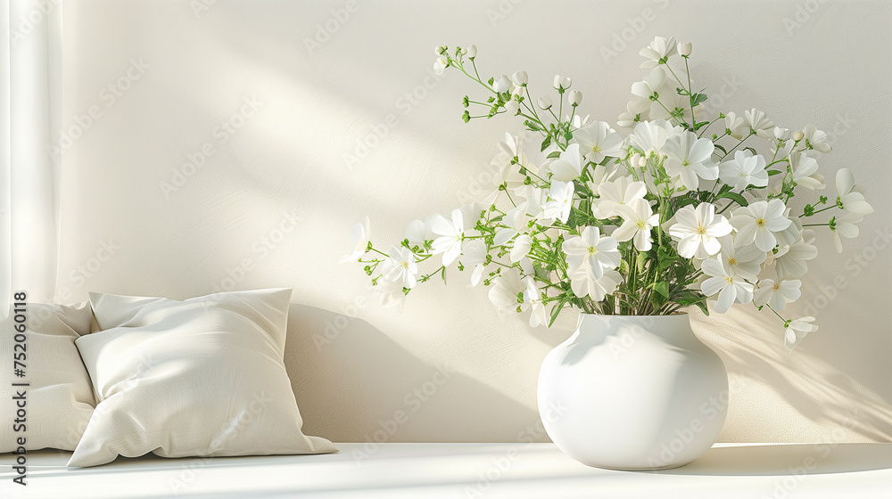Fototapeta premium home interior with white flowers in a vase on a light background for product display 