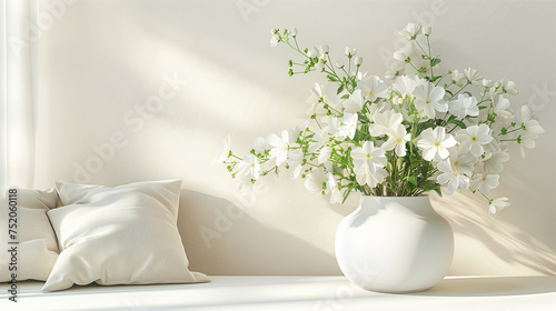 home interior with white flowers in a vase on a light background for product display 