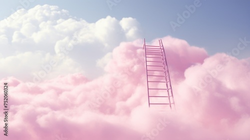 A ladder reaching up into the clouds with a beautiful pink sky in the background. Ideal for concepts of reaching new heights or dreams