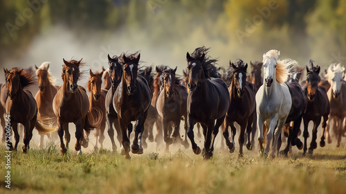 Herd of horses running in field. photo