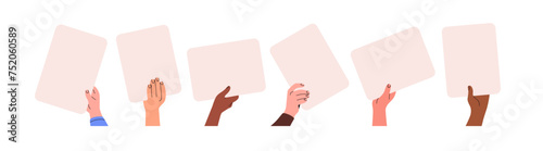 Blank paper sheets in hands set. Holding sign boards, showing advertising backgrounds, clean cards. Arms with clear poster, space for information. Flat vector illustration isolated on white background