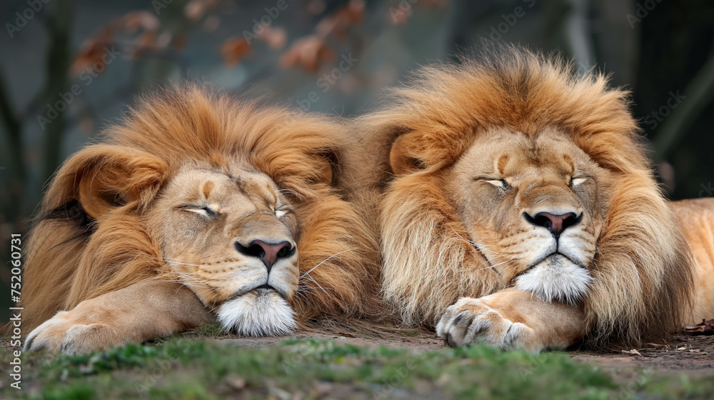 Lions sleeping side by side. Lions sleeping side by side.