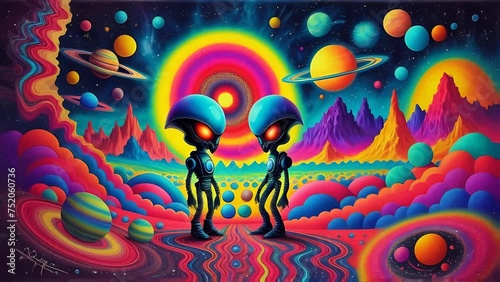 Two aliens on a colorful psychedelic planet with a glowing sun, planets, and stars in the background in bright neon colors.