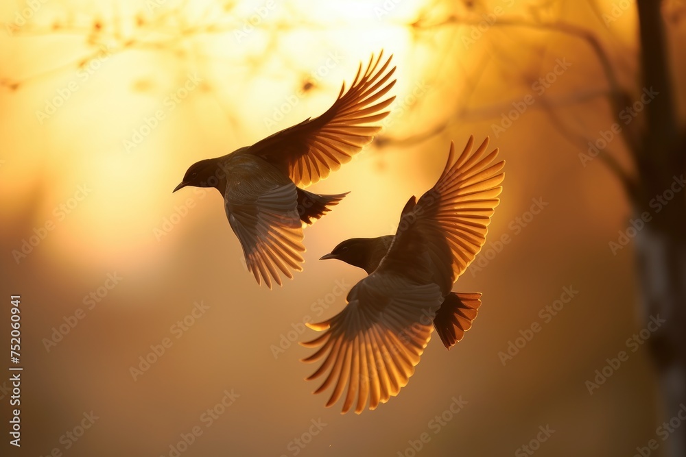 Fototapeta premium Pair of birds in graceful flight silhouetted against a radiant sky