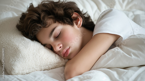 A boy sleeping peacefully in bed.