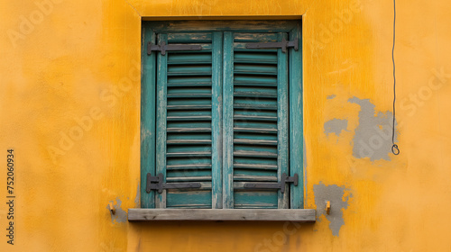 Old window on yellow stucco wall.