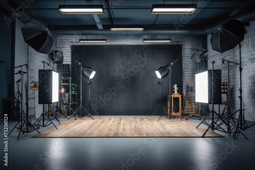 Interior of a photo studio with professional lighting equipment. Ideal for photography enthusiasts and professionals