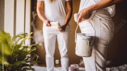 Young married couple painting the walls, happily renovating a newly purchased house photo