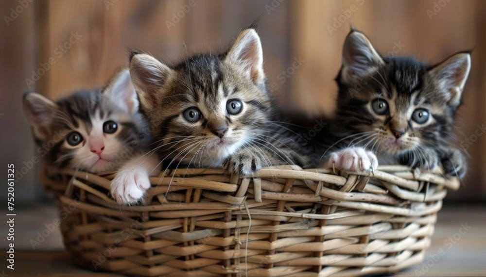 cute kittens in a wicker basket - obrazy, fototapety, plakaty 