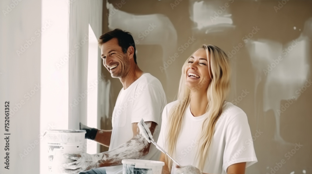 Young married couple painting the walls, happily renovating a newly purchased house Young married couple painting the walls, happily renovating a newly purchased house