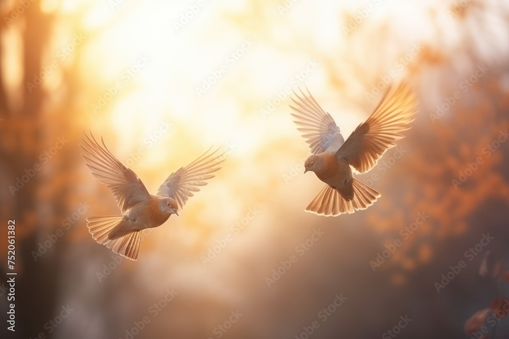 Fototapeta premium Pair of birds in flight against a dreamy blurred background, creating a serene atmosphere