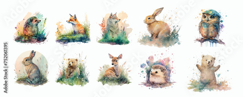 Watercolor Wildlife Collection: Beautifully Painted Animals Including a Hedgehog, Fox, Wolf, Rabbit, Owl, Squirrel, Deer, and Bear in Natural Settings with Grass