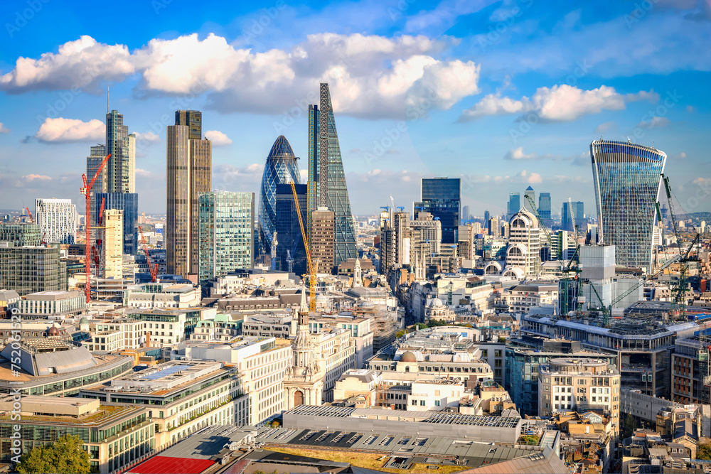 Aerial view to City of London from St Paul cathedral.