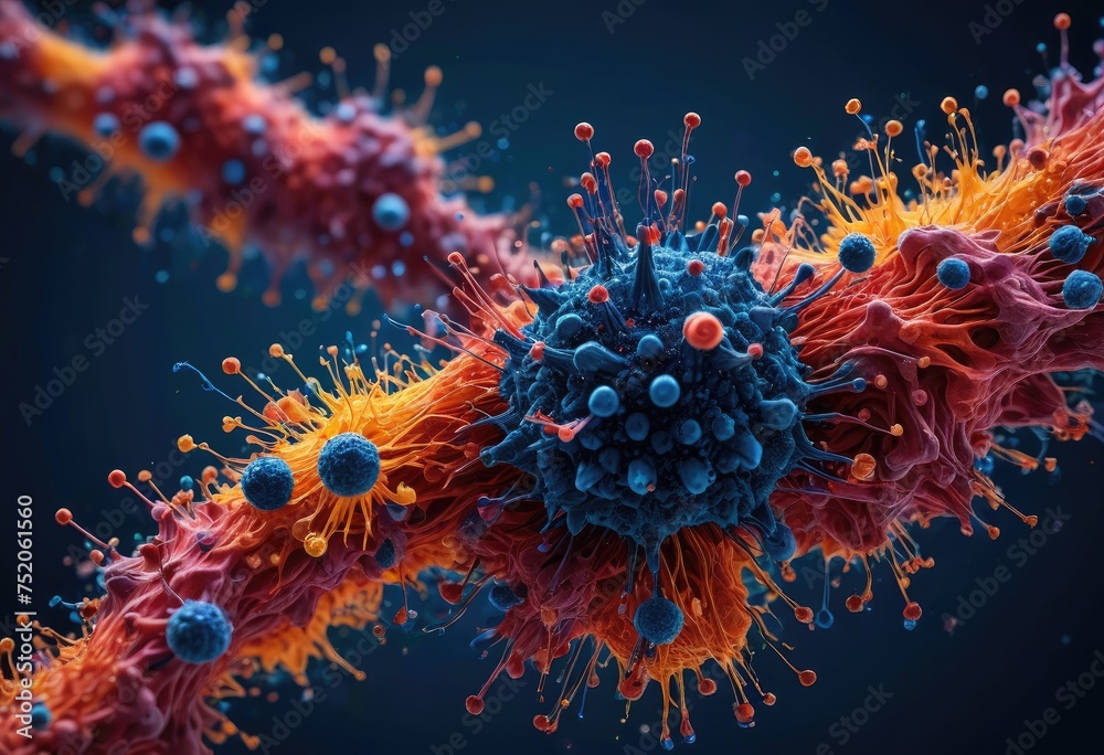 highly detailed and colorful representation of viral particles, set against a deep blue background that suggests bodily fluids or tissues highly detailed and colorful representation of viral particles, set against a deep blue background that suggests bodily fluids or tissues
