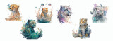 Artistic Collection of Watercolor Splashed Wild Cats: Detailed Illustrations of Tigers and Leopards in Various Poses