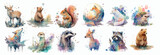 Artistic Collection of Watercolor Splashed Wild Cats: Detailed Illustrations of Tigers and Leopards in Various Poses