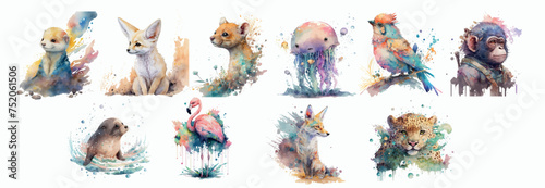 Vibrant Watercolor Collection of Wildlife: A Series of Beautifully Crafted Paintings Featuring Various Animals in Dynamic, Colorful