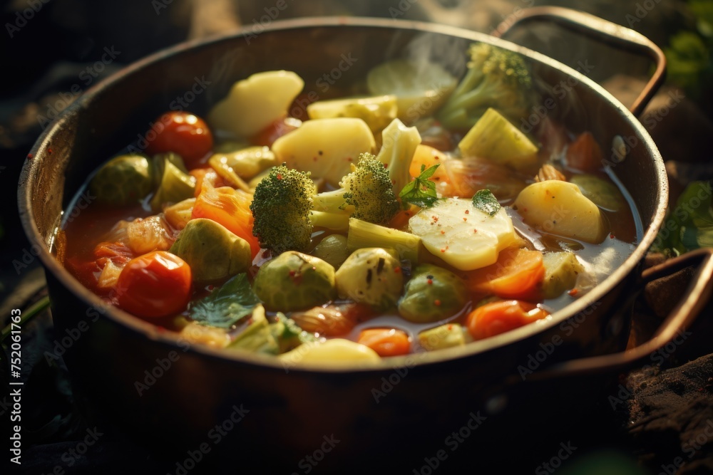 A pot filled with vegetables and broccoli on a wooden table, perfect for food blogs or cooking websites A pot filled with vegetables and broccoli on a wooden table, perfect for food blogs or cooking websites