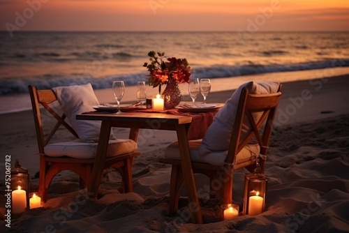 A dinner table set up on the beach at sunset. Perfect for romantic or outdoor dining concepts