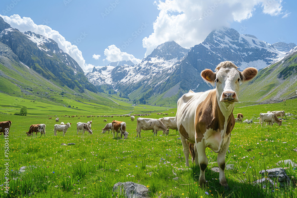 Cow grazing on alps meadow with beautiful mountain landscape